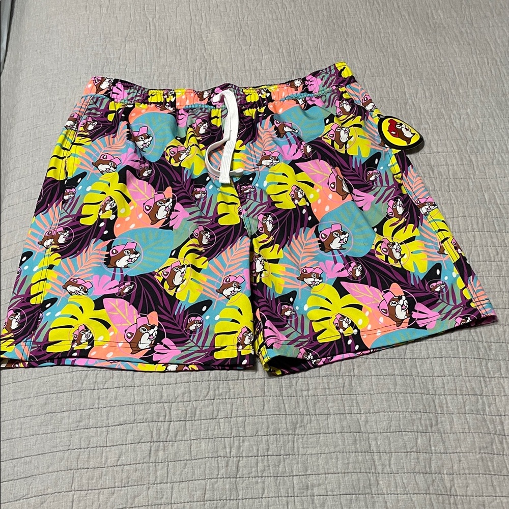 Buc-ee’s Logo Colorful Tropical Print Swim Trunks Men’s Medium Vacation Beach